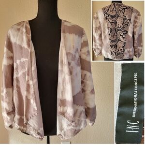 INC Taupe/Cream  Open Front 3/4 Sleeve Lace 100% Linen Cardigan